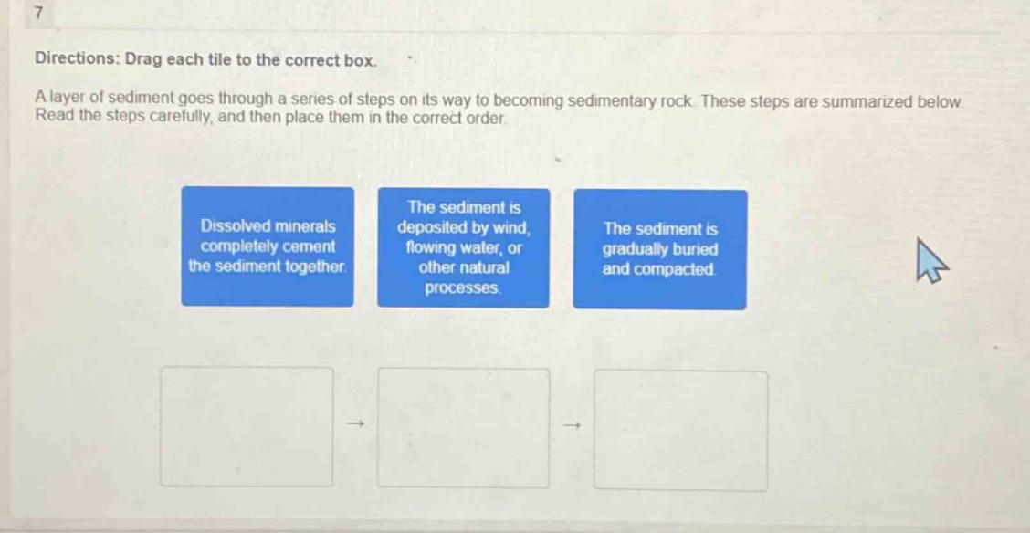 7 directions: drag each tile to the correct box. a layer of sediment goes through a series of steps on its way to becoming sedimentary rock. these steps are summarized below. read the steps carefully, and then place them in the correct order. dissolved minerals completely cement the sediment together. the sediment is deposited by wind, flowing water, or other natural processes. the sediment is gradually buried and compacted