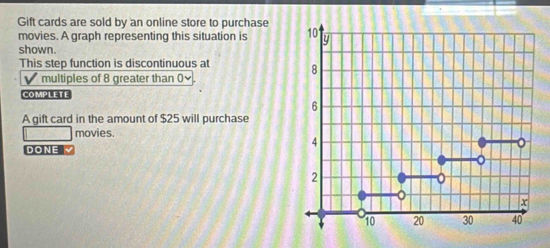 gift cards are sold by an online store to purchase movies. a graph representing this situation is shown. this step function is discontinuous at multiples of 8 greater than 0. complete a gift card in the amount of $25 will purchase movies. done