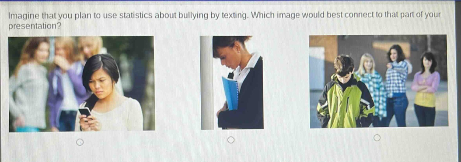 imagine that you plan to use statistics about bullying by texting. which image would best connect to that part of your presentation?