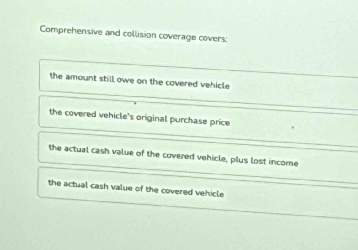 comprehensive and collision coverage covers: the amount still owe on the covered vehicle the covered vehicles original purchase price the actual cash value of the covered vehicle, plus lost income the actual cash value of the covered vehicle
