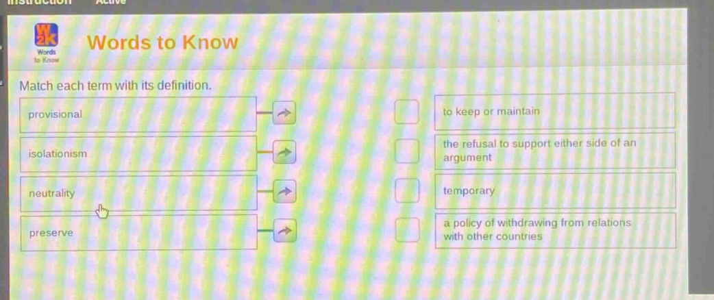 words to know match each term with its definition. provisional isolationism neutrality preserve to keep or maintain the refusal to support either side of an argument temporary a policy of withdrawing from relations with other countries