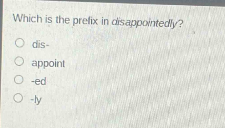 which is the prefix in disappointedly?\no dis-\no appoint\no -ed\no -ly