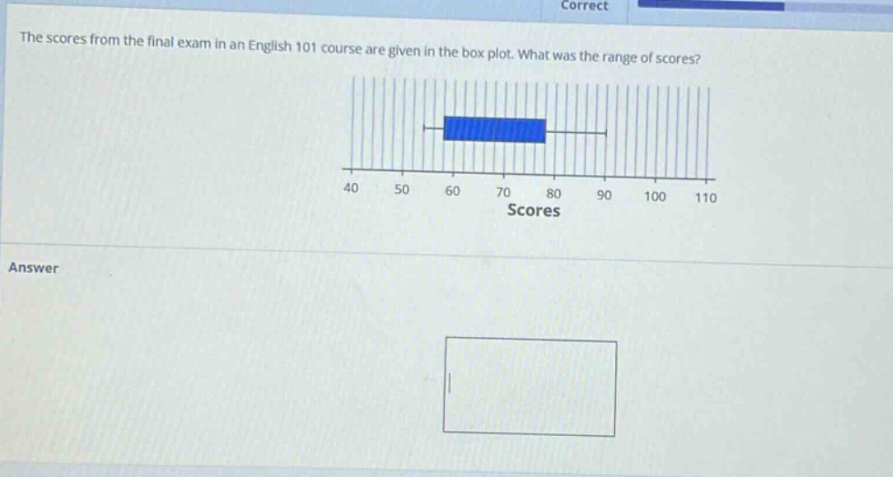 the scores from the final exam in an english 101 course are given in the box plot. what was the range of scores? answer