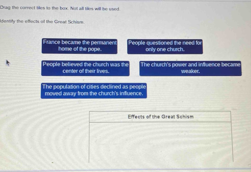 drag the correct tiles to the box. not all tiles will be used. identify the effects of the great schism. france became the permanent home of the pope. people questioned the need for only one church. people believed the church was the center of their lives. the churchs power and influence became weaker. the population of cities declined as people moved away from the churchs influence. effects of the great schism