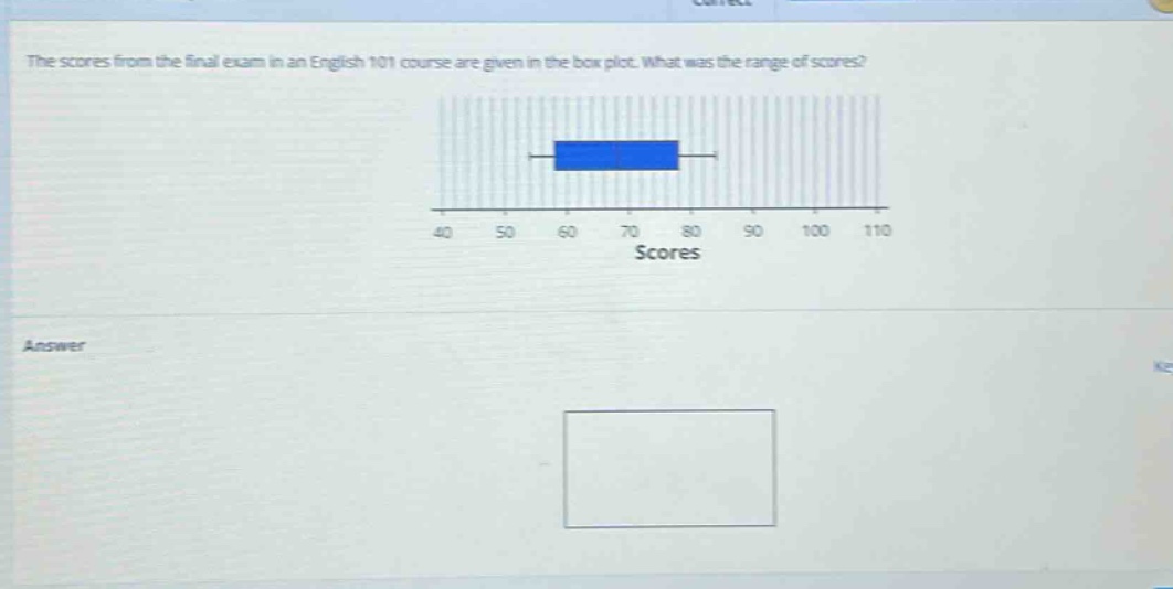 the scores from the final exam in an english 101 course are given in the box plot. what was the range of scores? scores answer