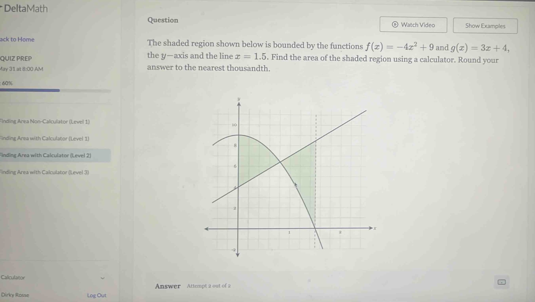 the shaded region shown below is bounded by the functions f(x)=-4x² + 9 and g(x)=3x + 4, the y - axis and the line x = 1.5. find the area of the shaded region using a calculator. round your answer to the nearest thousandth.
