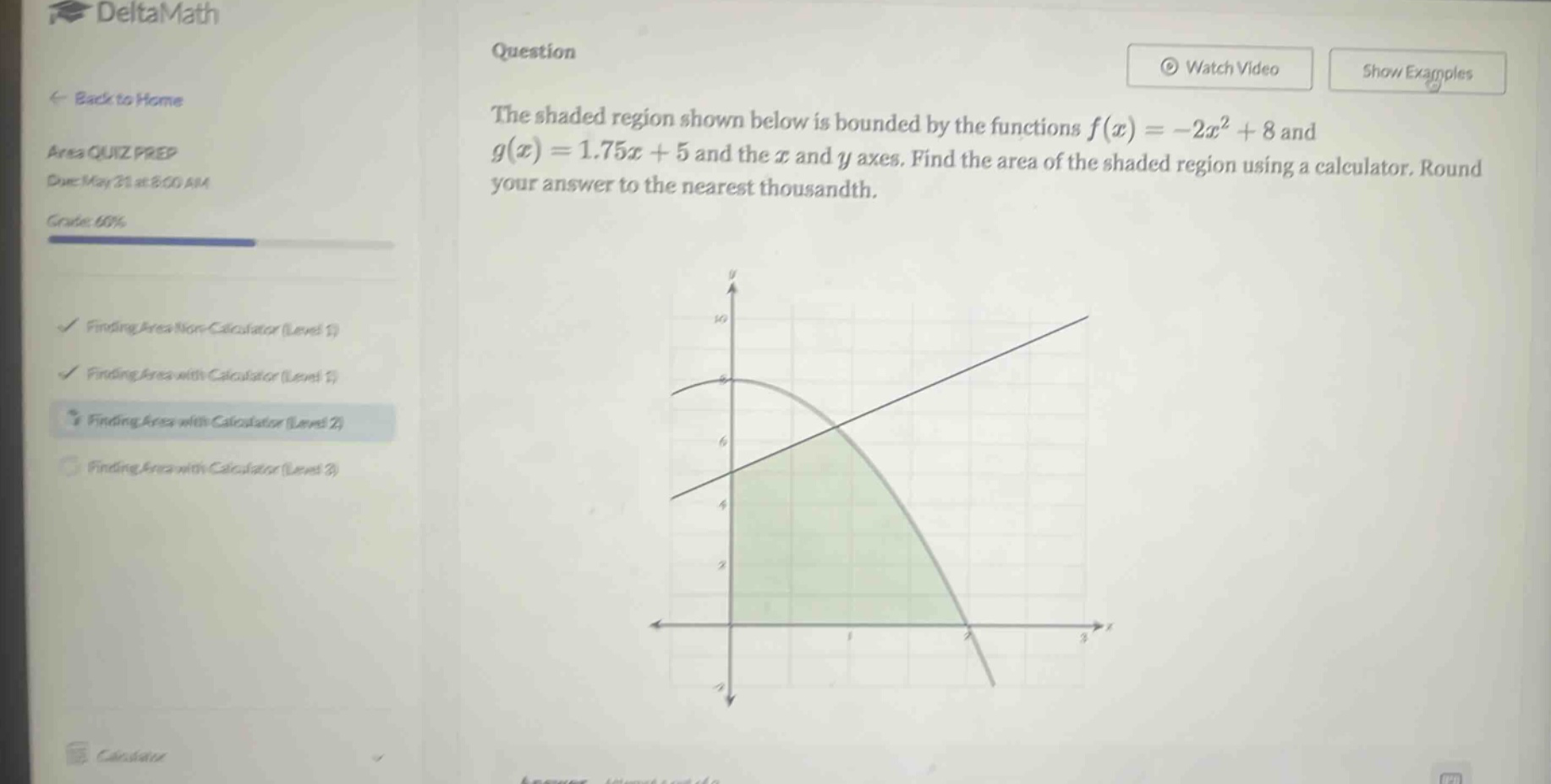 question the shaded region shown below is bounded by the functions f(x)=-2x² + 8 and g(x)=1.75x + 5 and the x and y axes. find the area of the shaded region using a calculator. round your answer to the nearest thousandth.