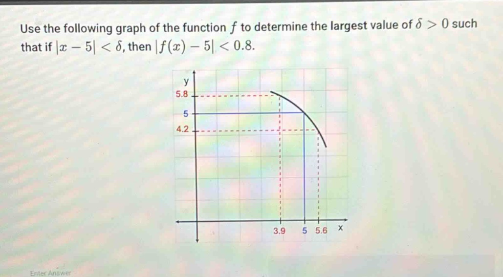 use the following graph of the function f to determine the largest value of δ > 0 such that if |x - 5| < δ, then |f(x) - 5| < 0.8.