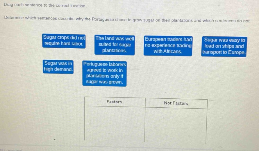 drag each sentence to the correct location. determine which sentences describe why the portuguese chose to grow sugar on their plantations and which sentences do not. sugar crops did not require hard labor. the land was well suited for sugar plantations. european traders had no experience trading with africans. sugar was easy to load on ships and transport to europe. sugar was in high demand. portuguese laborers agreed to work in plantations only if sugar was grown. factors not factors
