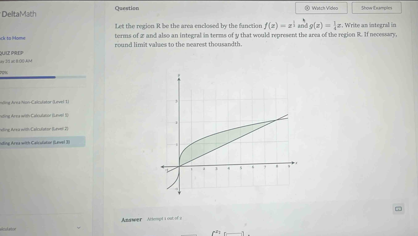 let the region r be the area enclosed by the function f(x)=x^(1/3) and g(x)=(1/4)x. write an integral in terms of x and also an integral in terms of y that would represent the area of the region r. if necessary, round limit values to the nearest thousandth.