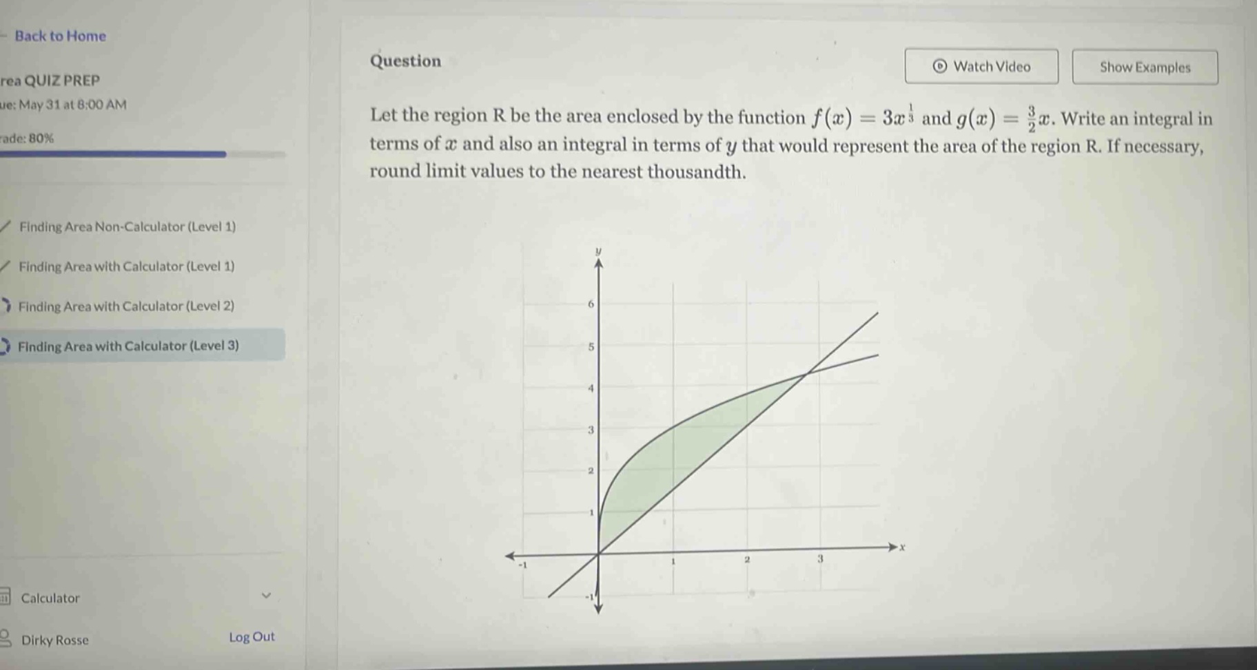 question let the region r be the area enclosed by the function f(x)=3x^(1/3) and g(x)=(3/2)x. write an integral in terms of x and also an integral in terms of y that would represent the area of the region r. if necessary, round limit values to the nearest thousandth.