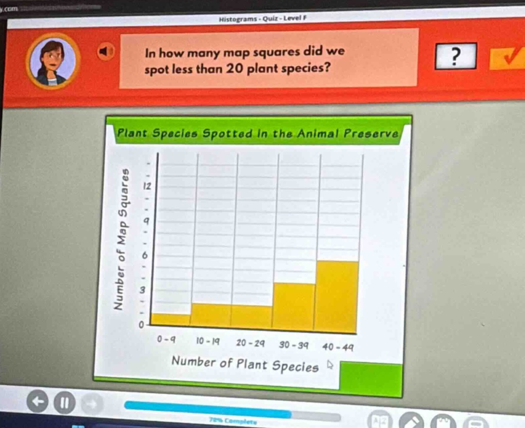 in how many map squares did we spot less than 20 plant species? plant species spotted in the animal preserve number of map squares 0 - 9 10 - 19 20 - 29 30 - 39 40 - 49 number of plant species