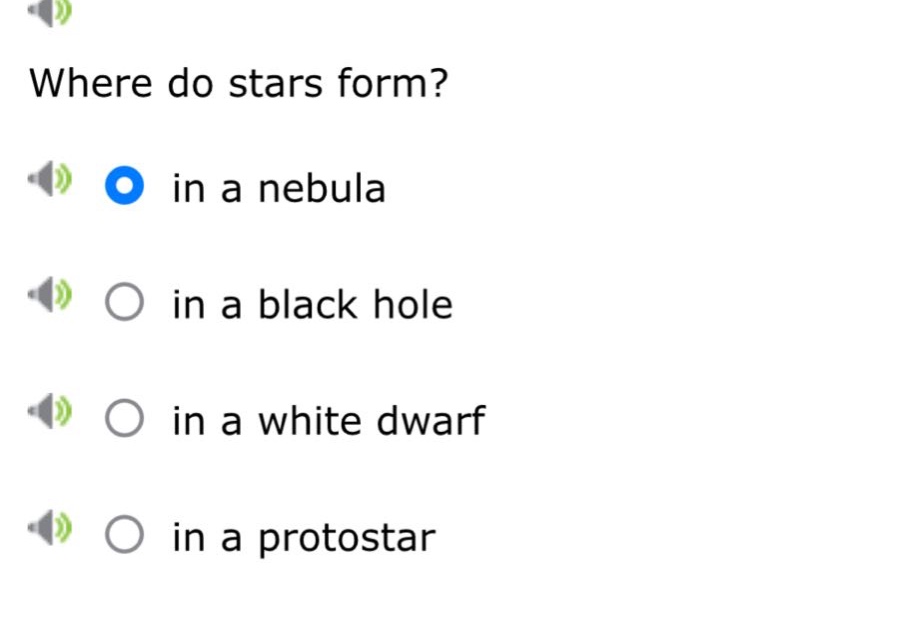 where do stars form? in a nebula in a black hole in a white dwarf in a protostar