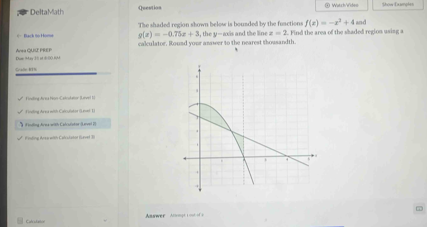 the shaded region shown below is bounded by the functions f(x)=-x² + 4 and g(x)=-0.75x + 3, the y - axis and the line x = 2. find the area of the shaded region using a calculator. round your answer to the nearest thousandth.