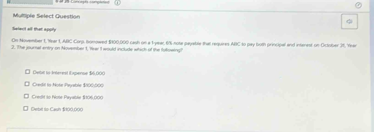 multiple select question select all that apply on november 1, year 1, abc corp. borrowed $100,000 cash on a 1 - year, 6% note payable that requires abc to pay both principal and interest on october 31, year 2. the journal entry on november 1, year 1 would include which of the following? debit to interest expense $6,000 credit to note payable $100,000 credit to note payable $106,000 debit to cash $100,000