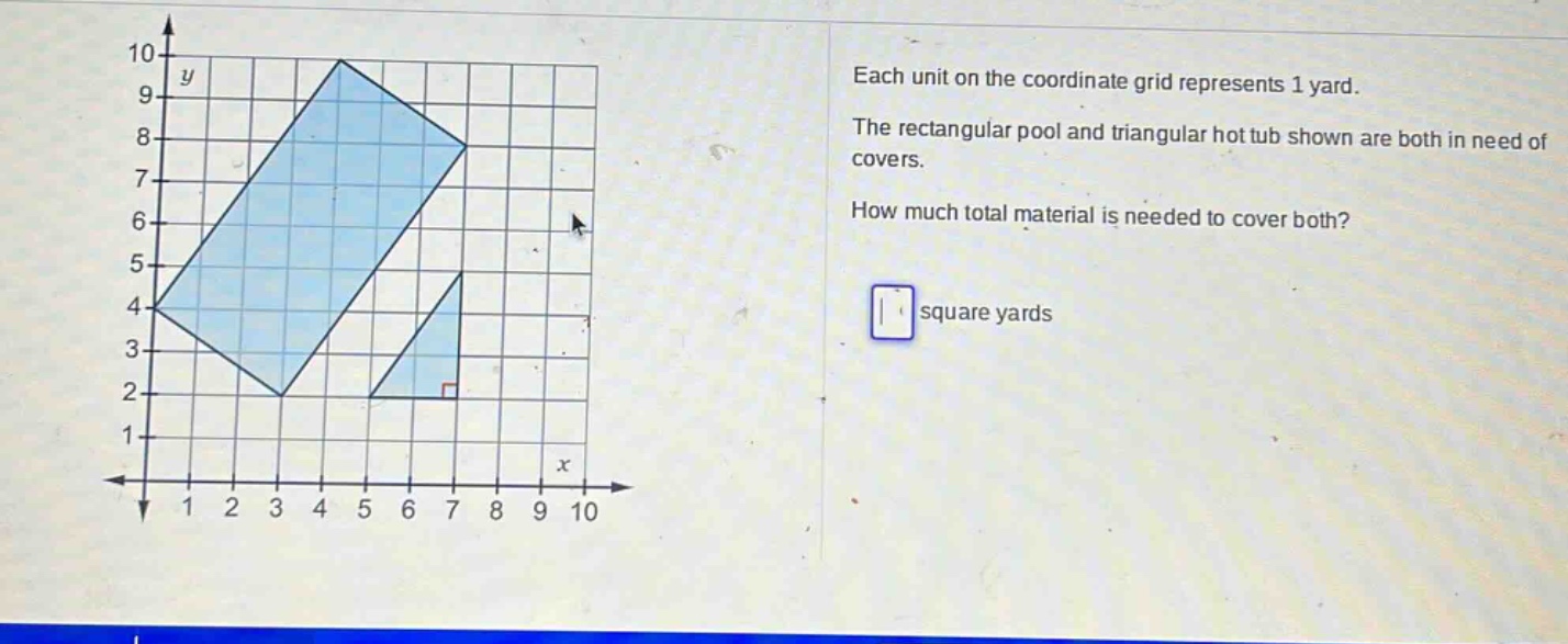 each unit on the coordinate grid represents 1 yard. the rectangular pool and triangular hot tub shown are both in need of covers. how much total material is needed to cover both? square yards