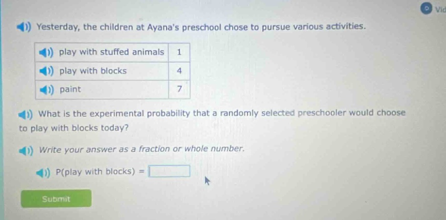 yesterday, the children at ayanas preschool chose to pursue various activities. play with stuffed animals 1 play with blocks 4 paint 7 what is the experimental probability that a randomly selected preschooler would choose to play with blocks today? write your answer as a fraction or whole number. p(play with blocks) =