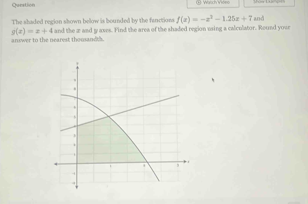 question the shaded region shown below is bounded by the functions f(x)=-x² - 1.25x + 7 and g(x)=x + 4 and the x and y axes. find the area of the shaded region using a calculator. round your answer to the nearest thousandth.