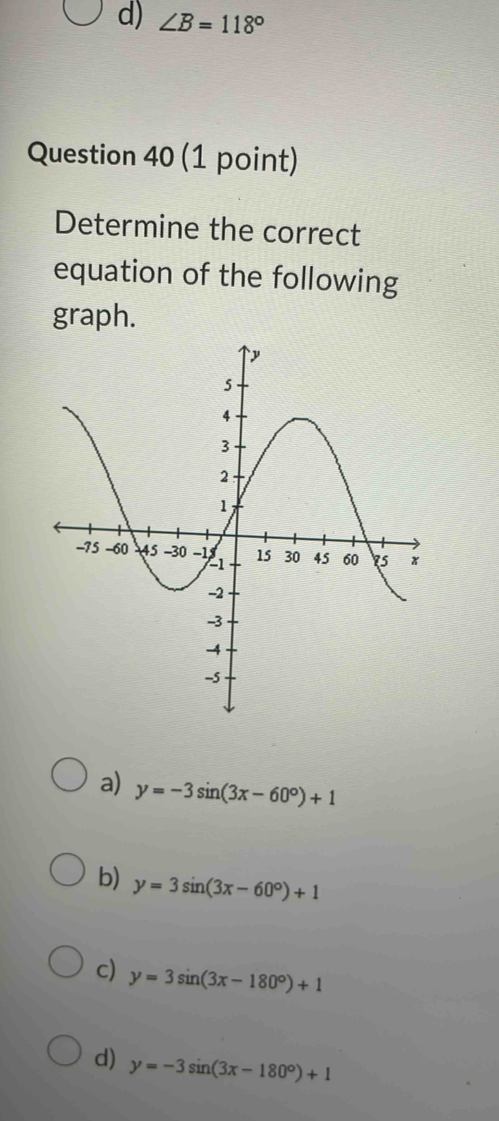question 40 (1 point) determine the correct equation of the following graph. a) y = -3 sin(3x - 60°) + 1 b) y = 3 sin(3x - 60°) + 1 c) y = 3 sin(3x - 180°) + 1 d) y = -3 sin(3x - 180°) + 1