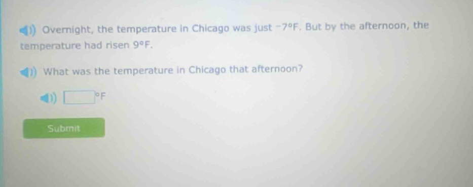overnight, the temperature in chicago was just -7°f. but by the afternoon, the temperature had risen 9°f. what was the temperature in chicago that afternoon? °f