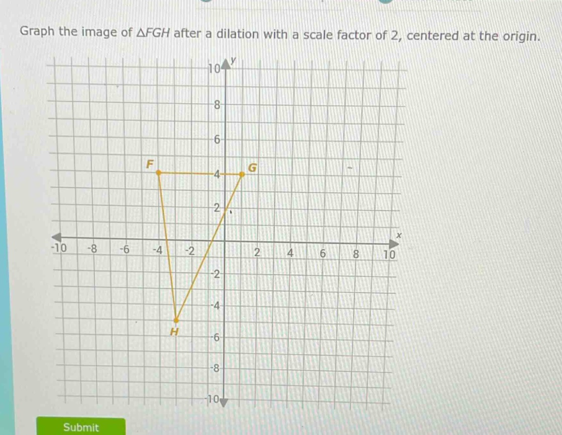 graph the image of △fgh after a dilation with a scale factor of 2, centered at the origin.
