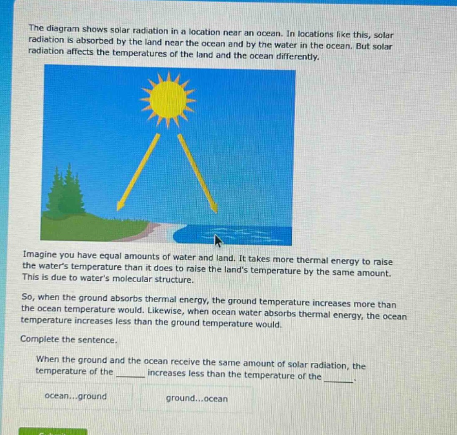 the diagram shows solar radiation in a location near an ocean. in locations like this, solar radiation is absorbed by the land near the ocean and by the water in the ocean. but solar radiation affects the temperatures of the land and the ocean differently. imagine you have equal amounts of water and land. it takes more thermal energy to raise the waters temperature than it does to raise the lands temperature by the same amount. this is due to waters molecular structure. so, when the ground absorbs thermal energy, the ground temperature increases more than the ocean temperature would. likewise, when ocean water absorbs thermal energy, the ocean temperature increases less than the ground temperature would. complete the sentence. when the ground and the ocean receive the same amount of solar radiation, the temperature of the ______ increases less than the temperature of the ______. ocean...ground ground...ocean