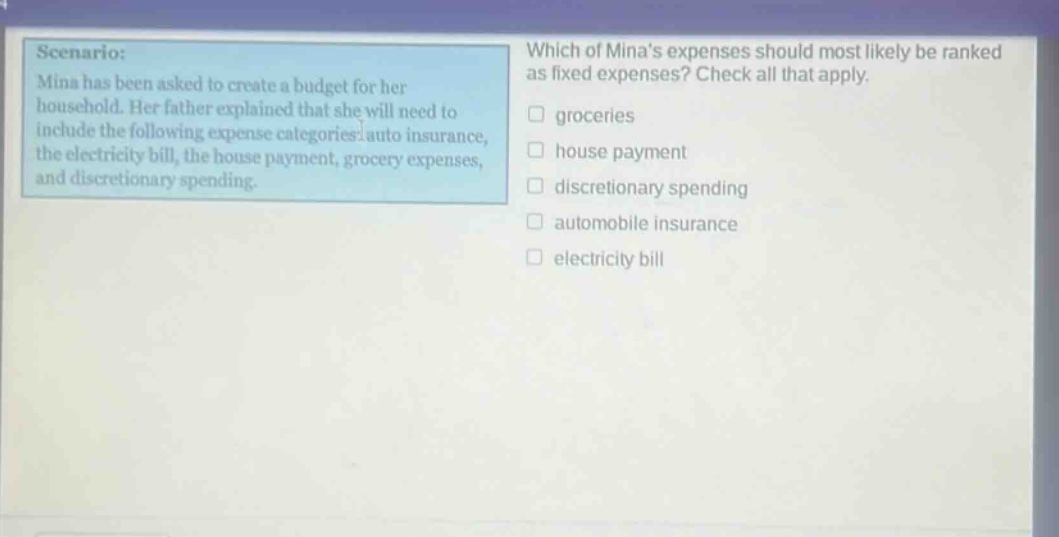 scenario: mina has been asked to create a budget for her household. her father explained that she will need to include the following expense categories: auto insurance, the electricity bill, the house payment, grocery expenses, and discretionary spending. which of minas expenses should most likely be ranked as fixed expenses? check all that apply. groceries house payment discretionary spending automobile insurance electricity bill