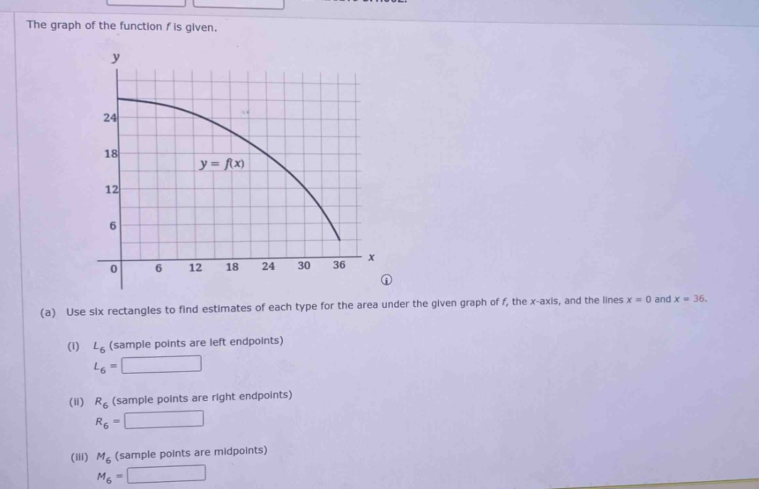 the graph of the function f is given.\n(a) use six rectangles to find estimates of each type for the area under the given graph of f, the x - axis, and the lines x = 0 and x = 36.\n(i) l6 (sample points are left endpoints)\nl6=\n(ii) r6 (sample points are right endpoints)\nr6=\n(iii) m6 (sample points are midpoints)\nm6=