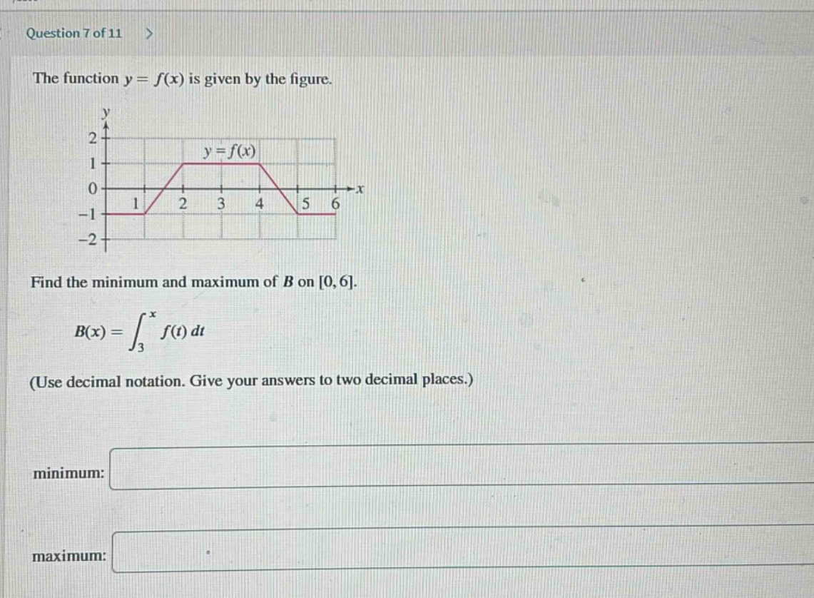question 7 of 11 > the function y = f(x) is given by the figure. find the minimum and maximum of b on 0,6. b(x)=∫₃ˣ f(t)dt (use decimal notation. give your answers to two decimal places.) minimum: maximum: