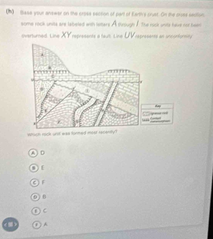 (h) base your answer on the cross - section of part of earths crust. on the cross - section, some rock units are labeled with letters a through i. the rock units have not been overturned. line xy represents a fault. line uv represents an unconformity. which rock unit was formed most recently? a d b e c f d b e c f a