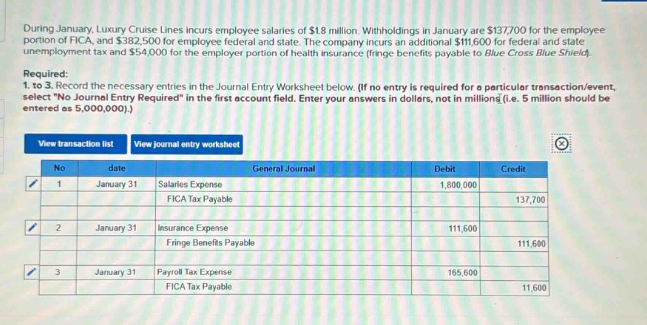 during january, luxury cruise lines incurs employee salaries of $1.8 million. withholdings in january are $137,700 for the employee portion of fica, and $382,500 for employee federal and state. the company incurs an additional $111,600 for federal and state unemployment tax and $54,000 for the employer portion of health insurance (fringe benefits payable to blue cross blue shield). required: 1. to 3. record the necessary entries in the journal entry worksheet below. (if no entry is required for a particular transaction/event, select \no journal entry required\ in the first account field. enter your answers in dollars, not in millions (i.e. 5 million should be entered as 5,000,000).) view transaction list view journal entry worksheet no date general journal debit credit 1 january 31 salaries expense 1,800,000 fica tax payable 137,700 2 january 31 insurance expense 111,600 fringe benefits payable 111,600 3 january 31 payroll tax expense 165,600 fica tax payable 11,600