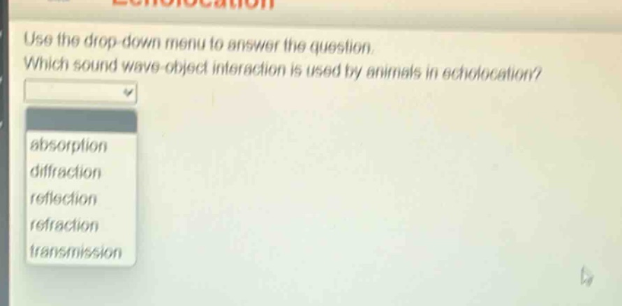 use the drop - down menu to answer the question. which sound wave - object interaction is used by animals in echolocation? absorption diffraction reflection refraction transmission