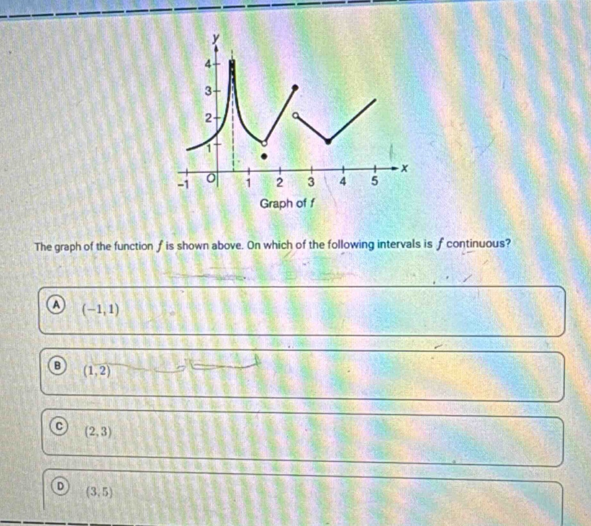 the graph of the function f is shown above. on which of the following intervals is f continuous? (a) (-1,1) (b) (1,2) (c) (2,3) (d) (3,5)