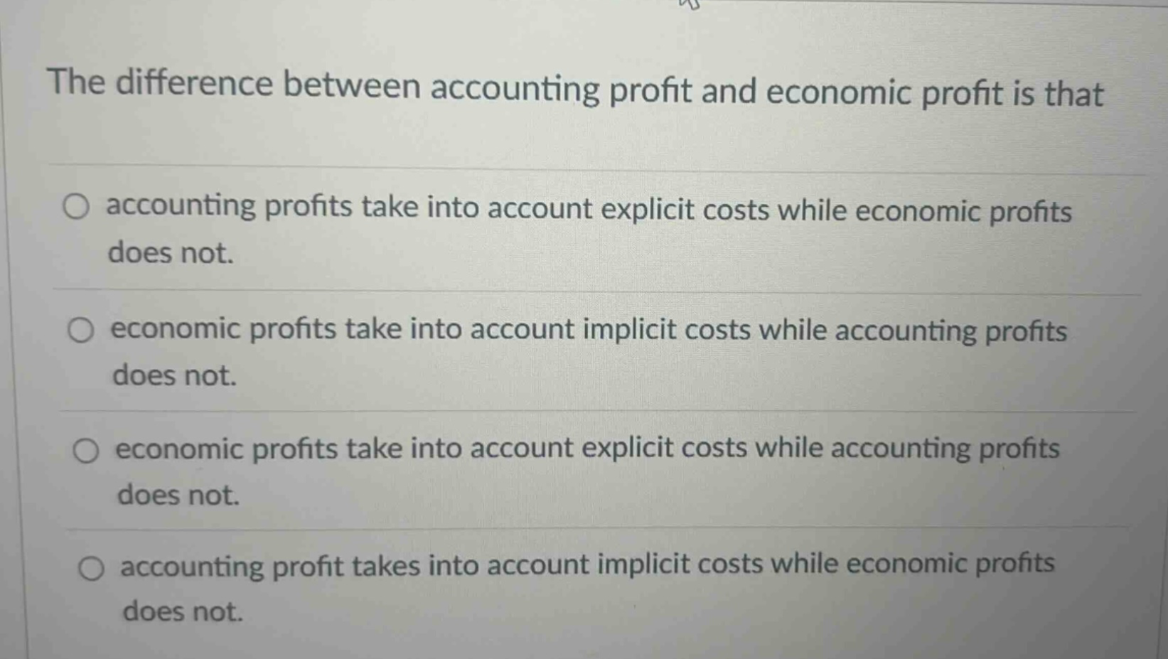 the difference between accounting profit and economic profit is that accounting profits take into account explicit costs while economic profits does not. economic profits take into account implicit costs while accounting profits does not. economic profits take into account explicit costs while accounting profits does not. accounting profit takes into account implicit costs while economic profits does not.