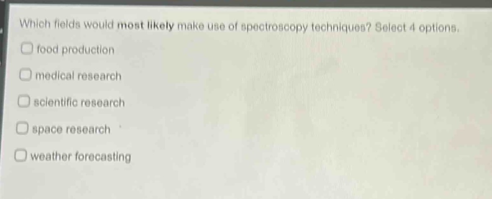 which fields would most likely make use of spectroscopy techniques? select 4 options. food production medical research scientific research space research weather forecasting