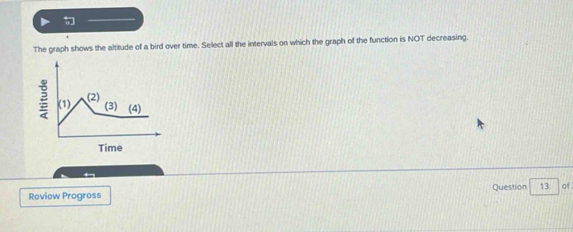 the graph shows the altitude of a bird over time. select all the intervals on which the graph of the function is not decreasing. altitude time (1) (2) (3) (4) review progress question 13 of