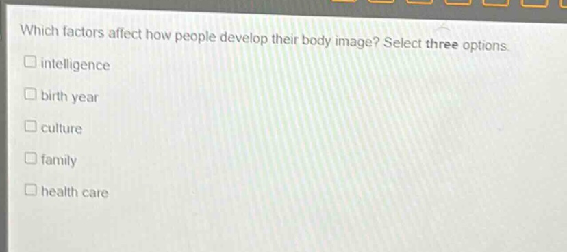 which factors affect how people develop their body image? select three options. intelligence birth year culture family health care