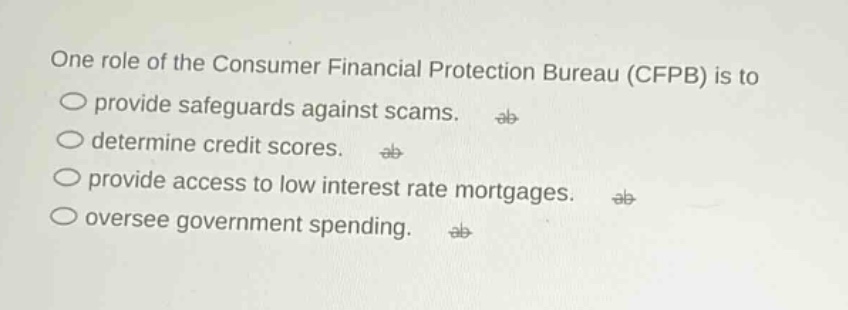 one role of the consumer financial protection bureau (cfpb) is to provide safeguards against scams. determine credit scores. provide access to low interest rate mortgages. oversee government spending.