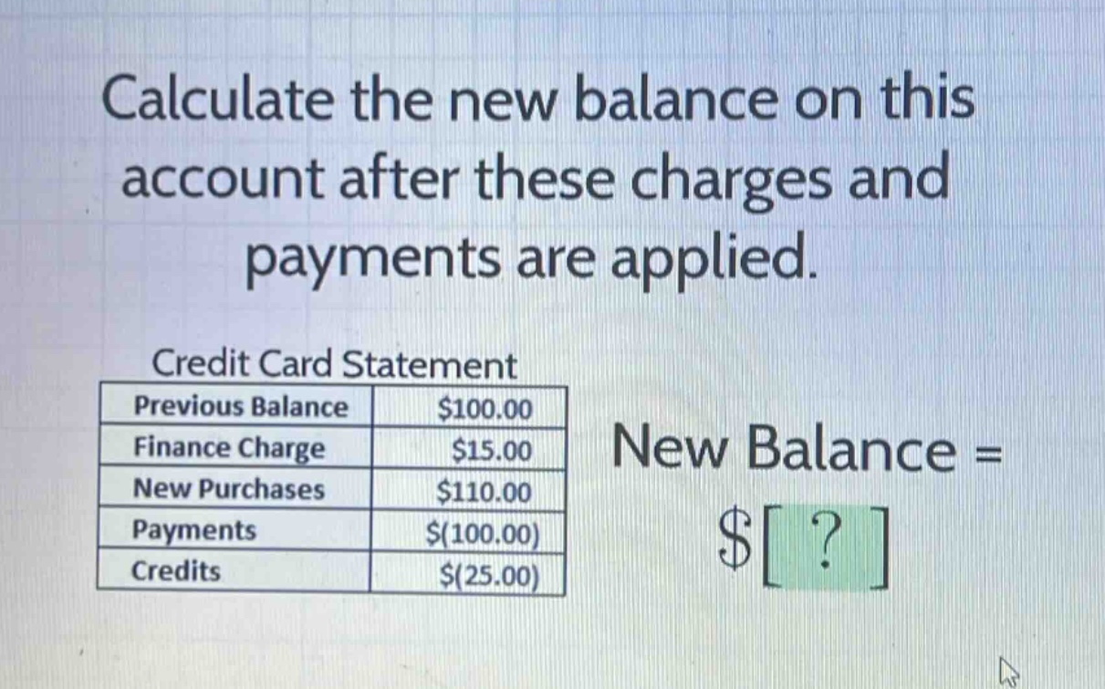 calculate the new balance on this account after these charges and payments are applied. credit card statement previous balance $100.00 finance charge $15.00 new purchases $110.00 payments $(100.00) credits $(25.00) new balance = $?