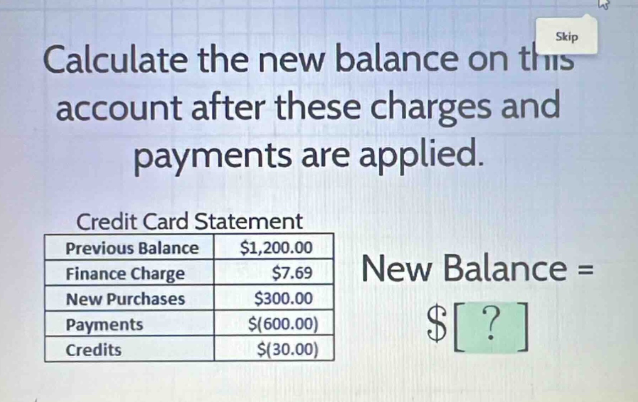 calculate the new balance on this account after these charges and payments are applied. credit card statement previous balance $1,200.00 finance charge $7.69 new purchases $300.00 payments $(600.00) credits $(30.00) new balance = $?