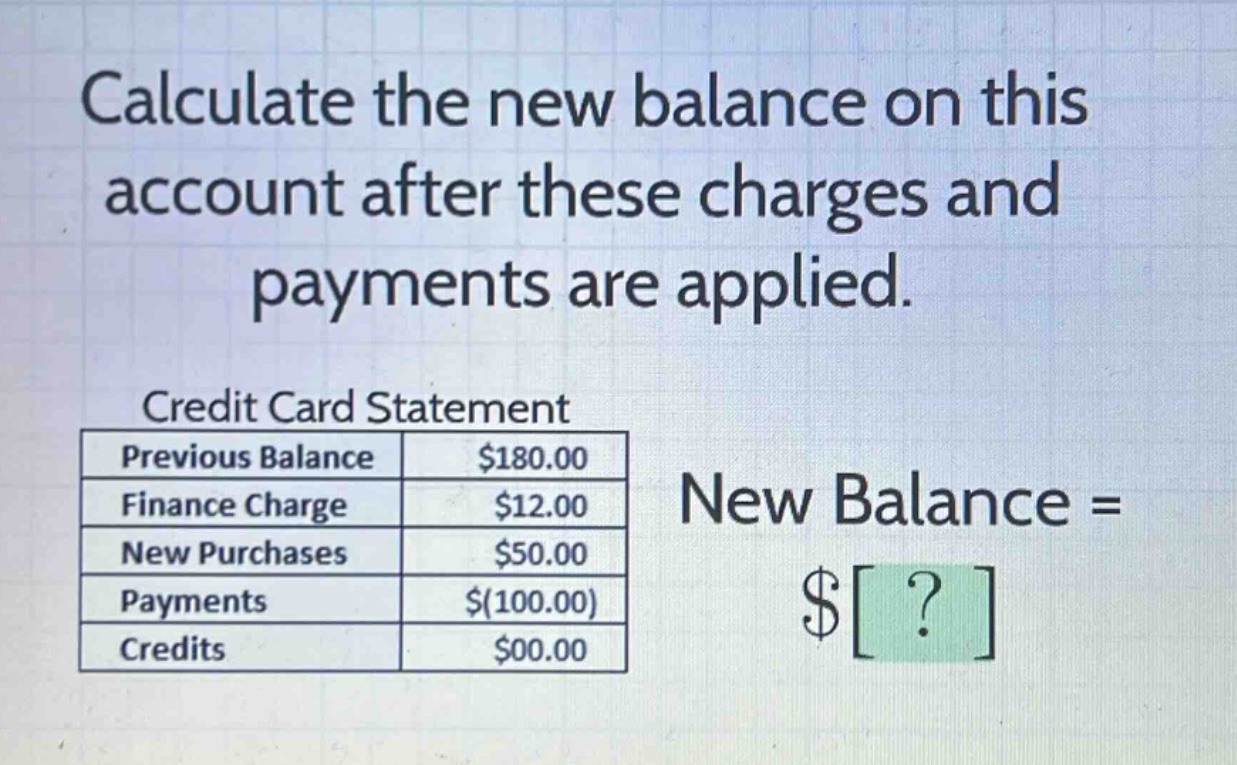 calculate the new balance on this account after these charges and payments are applied. credit card statement previous balance $180.00 finance charge $12.00 new purchases $50.00 payments $(100.00) credits $00.00 new balance = $?