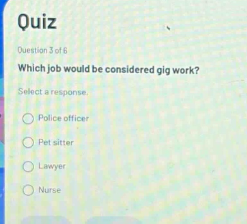 quiz question 3 of 6 which job would be considered gig work? select a response. police officer pet sitter lawyer nurse