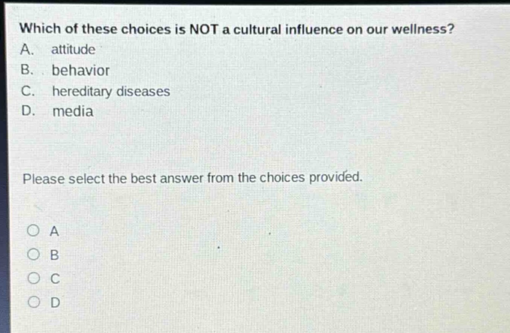 which of these choices is not a cultural influence on our wellness? a. attitude b. behavior c. hereditary diseases d. media please select the best answer from the choices provided. o a o b o c o d