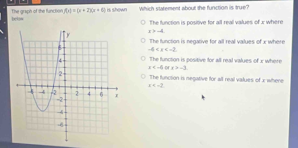 the graph of the function f(x)=(x + 2)(x + 6) is shown below. which statement about the function is true? the function is positive for all real values of x where x > -4. the function is negative for all real values of x where -6 < x < -2. the function is positive for all real values of x where x < -6 or x > -3. the function is negative for all real values of x where x < -2.