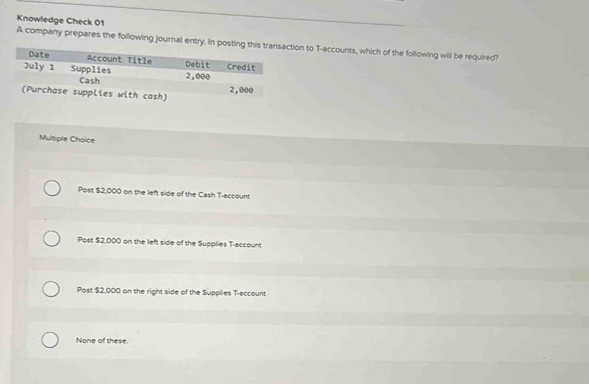 knowledge check 01 a company prepares the following journal entry. in posting this transaction to t - accounts, which of the following will be required? date account title debit credit july 1 supplies 2,000 cash 2,000 (purchase supplies with cash) multiple choice post $2,000 on the left side of the cash t - account post $2,000 on the left side of the supplies t - account post $2,000 on the right side of the supplies t - account none of these.