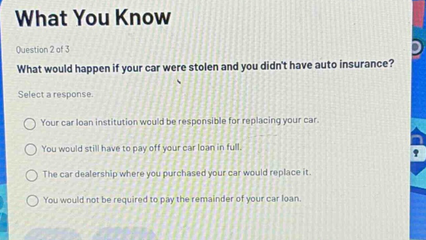 what you know\nquestion 2 of 3\nwhat would happen if your car were stolen and you didnt have auto insurance?\nselect a response.\nyour car loan institution would be responsible for replacing your car.\nyou would still have to pay off your car loan in full.\nthe car dealership where you purchased your car would replace it.\nyou would not be required to pay the remainder of your car loan.