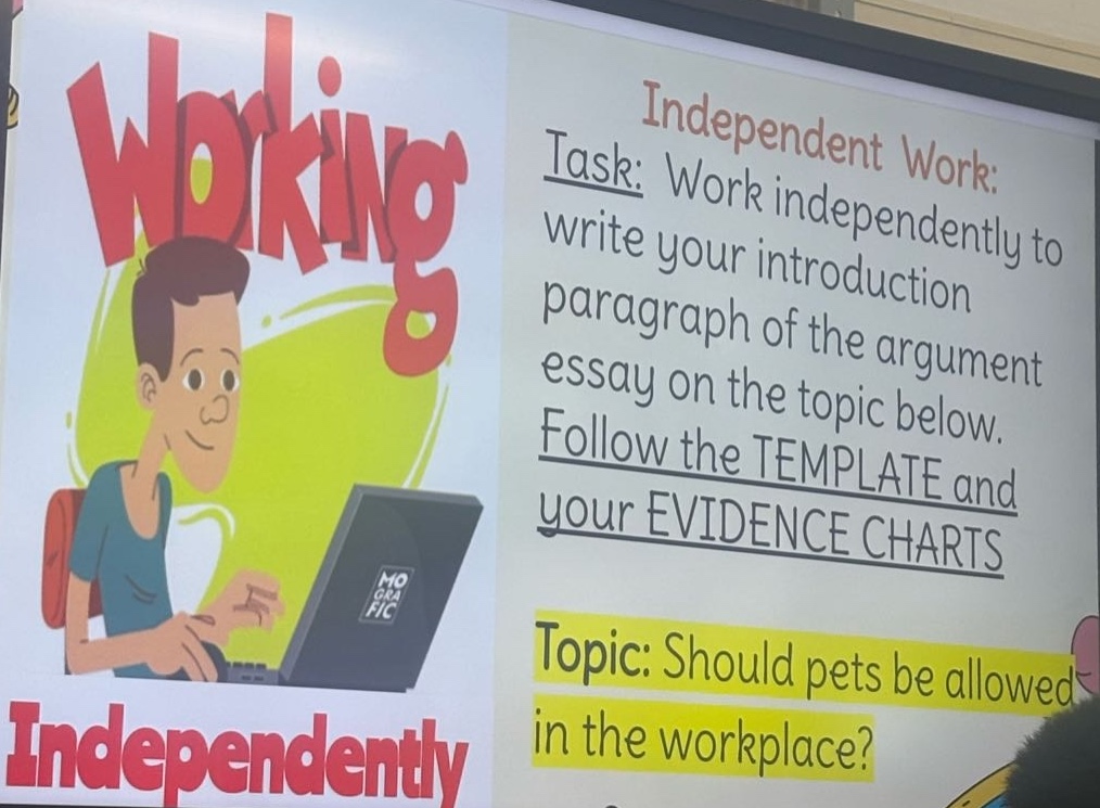 independent work: task: work independently to write your introduction paragraph of the argument essay on the topic below. follow the template and your evidence charts topic: should pets be allowed in the workplace?