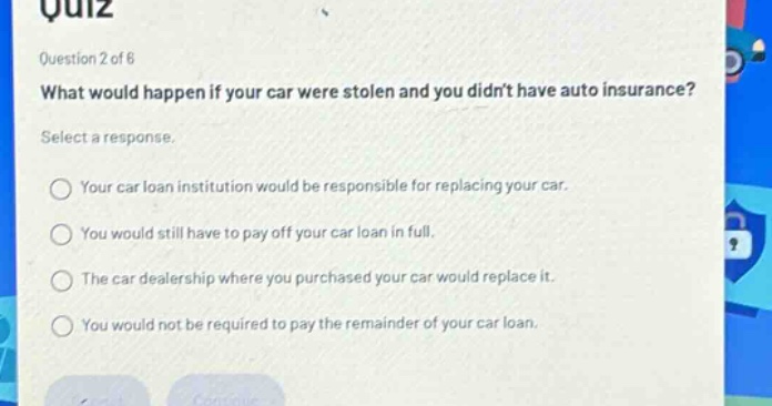 quiz\nquestion 2 of 6\nwhat would happen if your car were stolen and you didnt have auto insurance?\nselect a response.\nyour car loan institution would be responsible for replacing your car.\nyou would still have to pay off your car loan in full.\nthe car dealership where you purchased your car would replace it.\nyou would not be required to pay the remainder of your car loan.