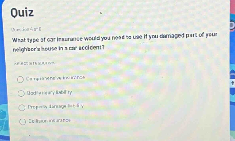 quiz question 4 of 6 what type of car insurance would you need to use if you damaged part of your neighbors house in a car accident? select a response. comprehensive insurance bodily injury liability property damage liability collision insurance