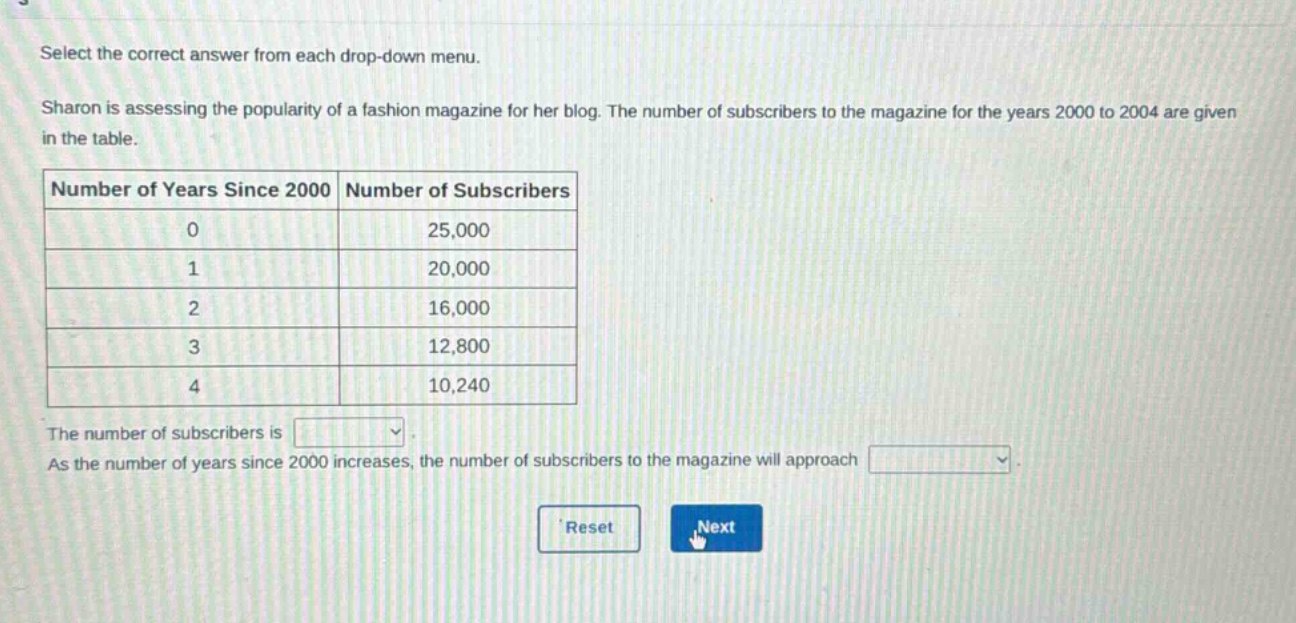 select the correct answer from each drop - down menu. sharon is assessing the popularity of a fashion magazine for her blog. the number of subscribers to the magazine for the years 2000 to 2004 are given in the table. number of years since 2000 number of subscribers 0 25,000 1 20,000 2 16,000 3 12,800 4 10,240 the number of subscribers is. as the number of years since 2000 increases, the number of subscribers to the magazine will approach. reset next